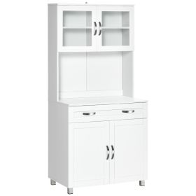HOMCOM Tall Kitchen Pantry Cabinet Storage, Modern Kitchen Pantry Cabinet with Framed Glass Doors, Shelves and Drawers, White