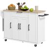 HOMCOM Modern White Kitchen Island Cart with Natural Wood Top, Drawers, Towel Rack & Cabinet