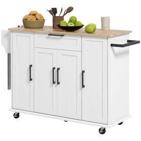 HOMCOM Modern White Kitchen Island Cart with Natural Wood Top, Drawers, Towel Rack & Cabinet