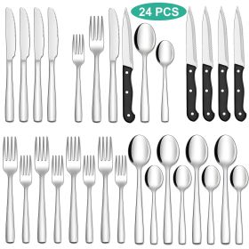 24 Pcs Silverware Set with Steak Knives Service for 4, Premium Stainless Steel Flatware Set for Home Kitchen