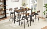 Pub High Dining Table 7 Piece Set, Industrial Style Pub Table, 6 PU Leather Bar Chairs for Kitchen Breakfast Table, Living Room, Bar, Rustic Brown