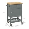 HOMCOM Kitchen Island Cart on Wheels, Gray, Rolling Kitchen Cart with Rubberwood Top, Drawer, Wine Rack, Cabinet