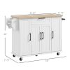 HOMCOM Modern White Kitchen Island Cart with Natural Wood Top, Drawers, Towel Rack & Cabinet