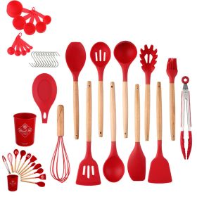 k33pcs Set Wooden Handle Silicone Kitchen Utensils 33 Pieces Set Silicone Spoon Shovel Kitchen Gadgets Set Silicone Kitchen Utensils (Color: Red)