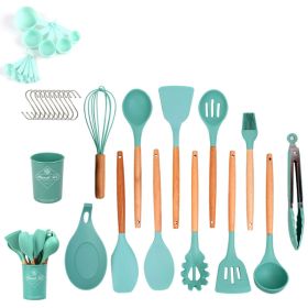 k33pcs Set Wooden Handle Silicone Kitchen Utensils 33 Pieces Set Silicone Spoon Shovel Kitchen Gadgets Set Silicone Kitchen Utensils (Color: Dark Green)