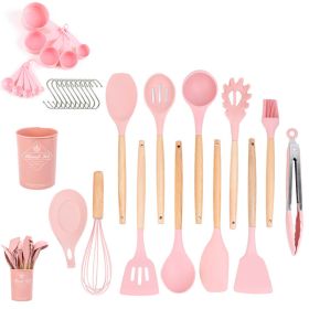 k33pcs Set Wooden Handle Silicone Kitchen Utensils 33 Pieces Set Silicone Spoon Shovel Kitchen Gadgets Set Silicone Kitchen Utensils (Color: Pink)